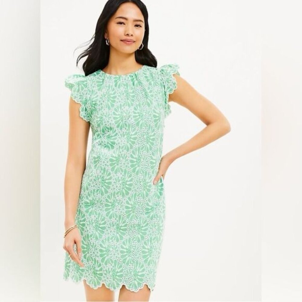 LOFT Green and White Embroidered Eyelet Flutter Sleeve Mini Dress